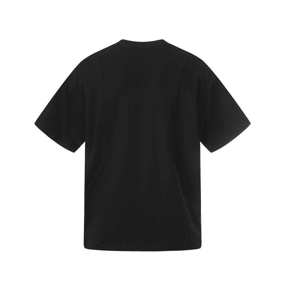 Back view of a black short-sleeve crew-neck T-shirt with drop shoulders and curved paneled seams