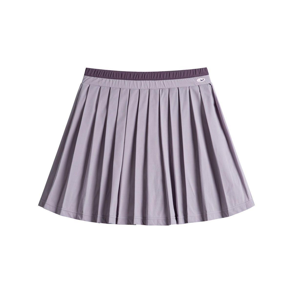 Purple gray pleated mini skirt with a darker purple contrast waistband, front flat view