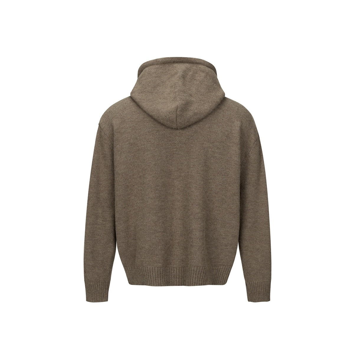 Back view of a taupe knit hoodie with a hood, long sleeves, and ribbed cuffs and hem.