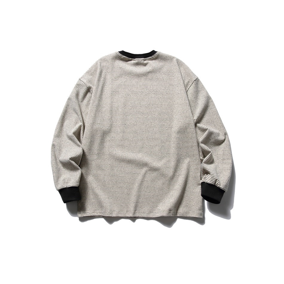 Back view of an off-white long-sleeve shirt with fine dark stripes, black neckline, and black cuffs.