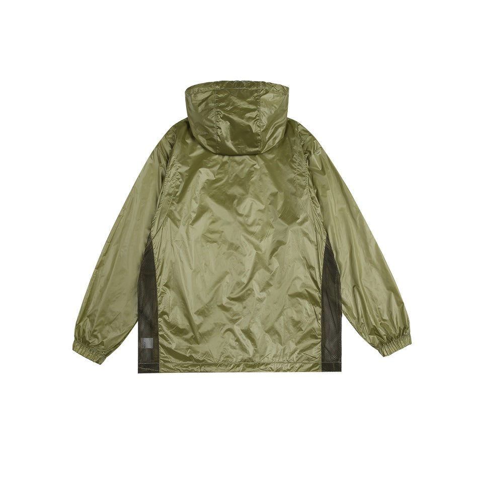 Back view of an olive hooded jacket with dark mesh side panels and elastic cuffs, isolated on white.