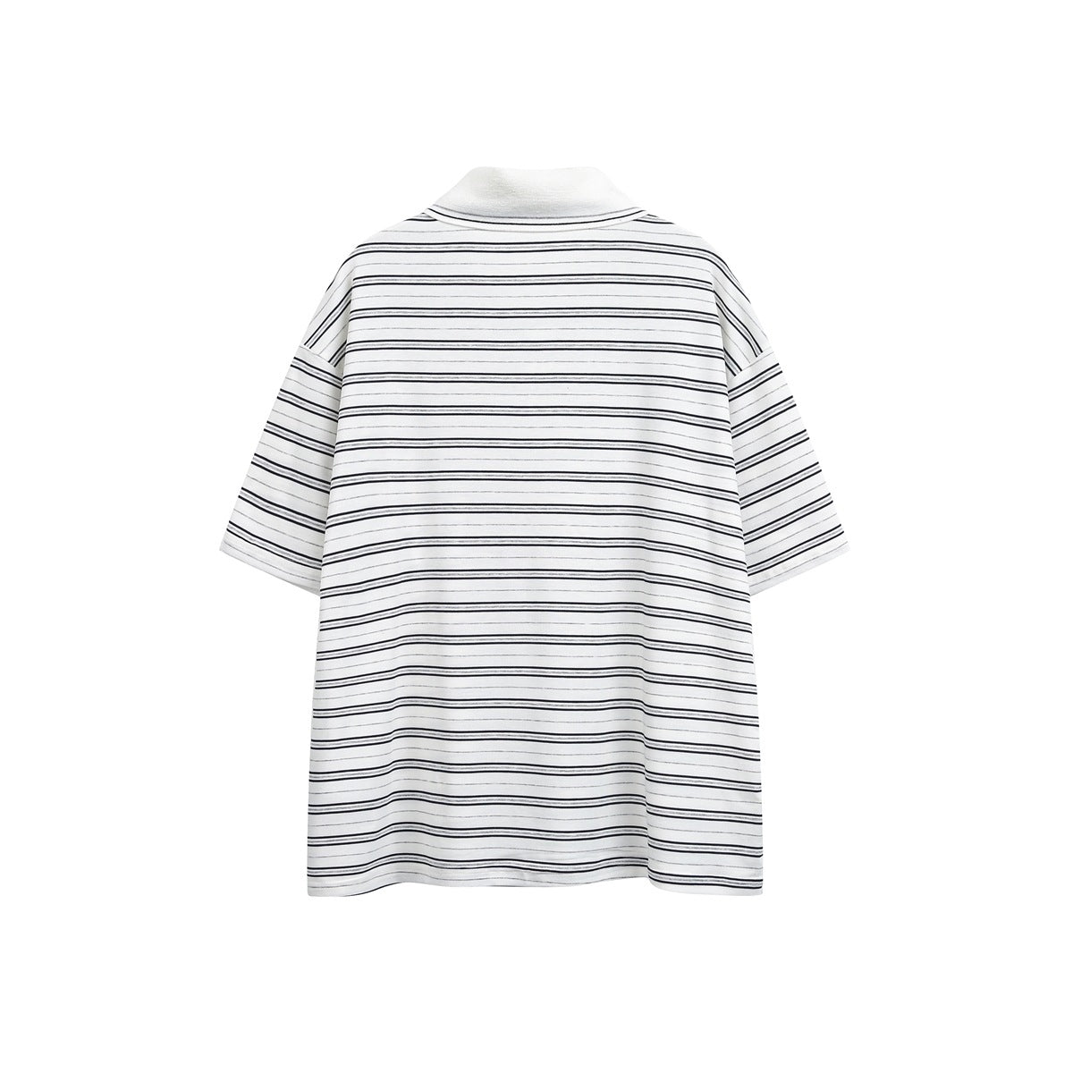 Back view of white short-sleeve striped polo top with navy and gray horizontal stripes and white collar