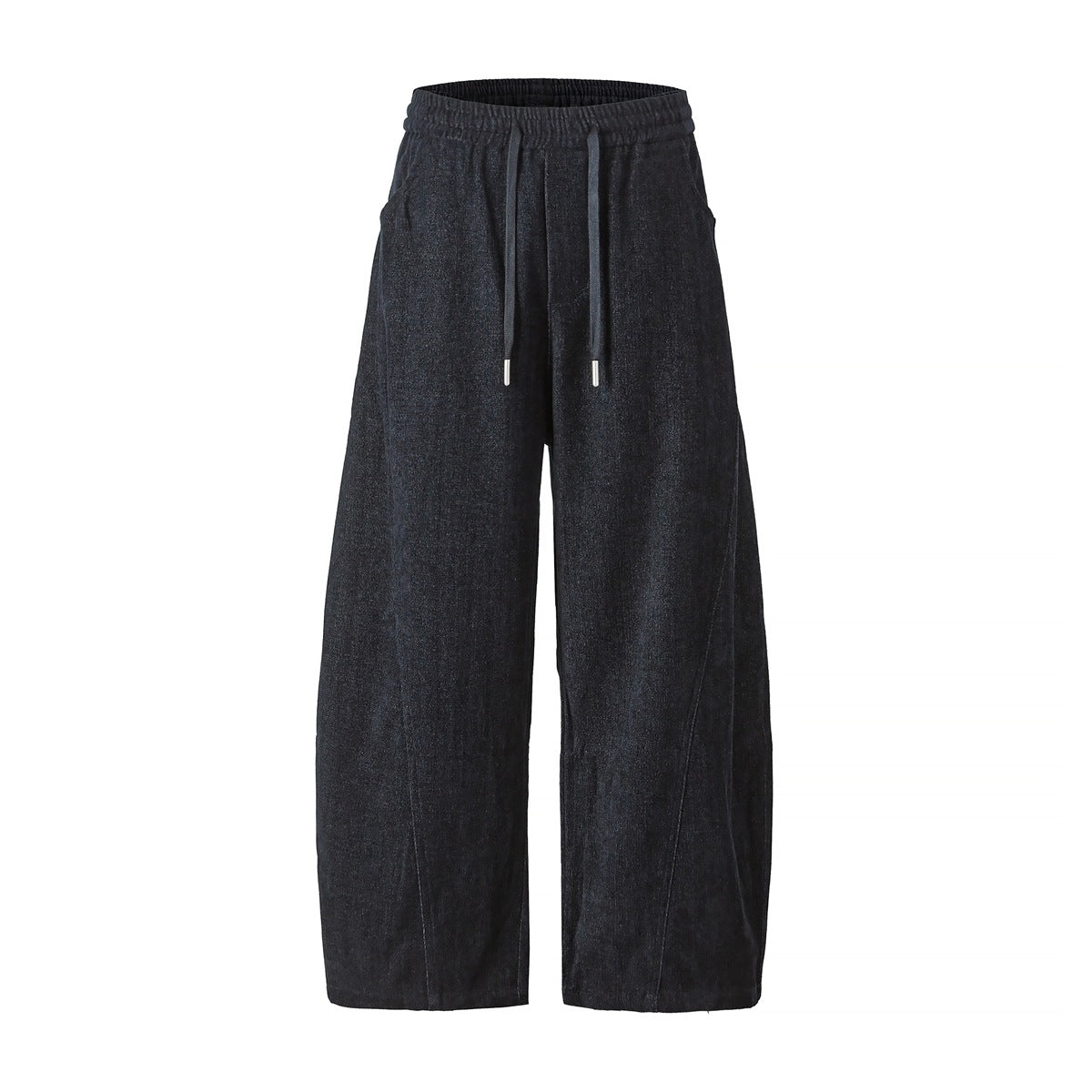Dark blue wide-leg drawstring pants with elastic waist and curved leg seams, flat front view