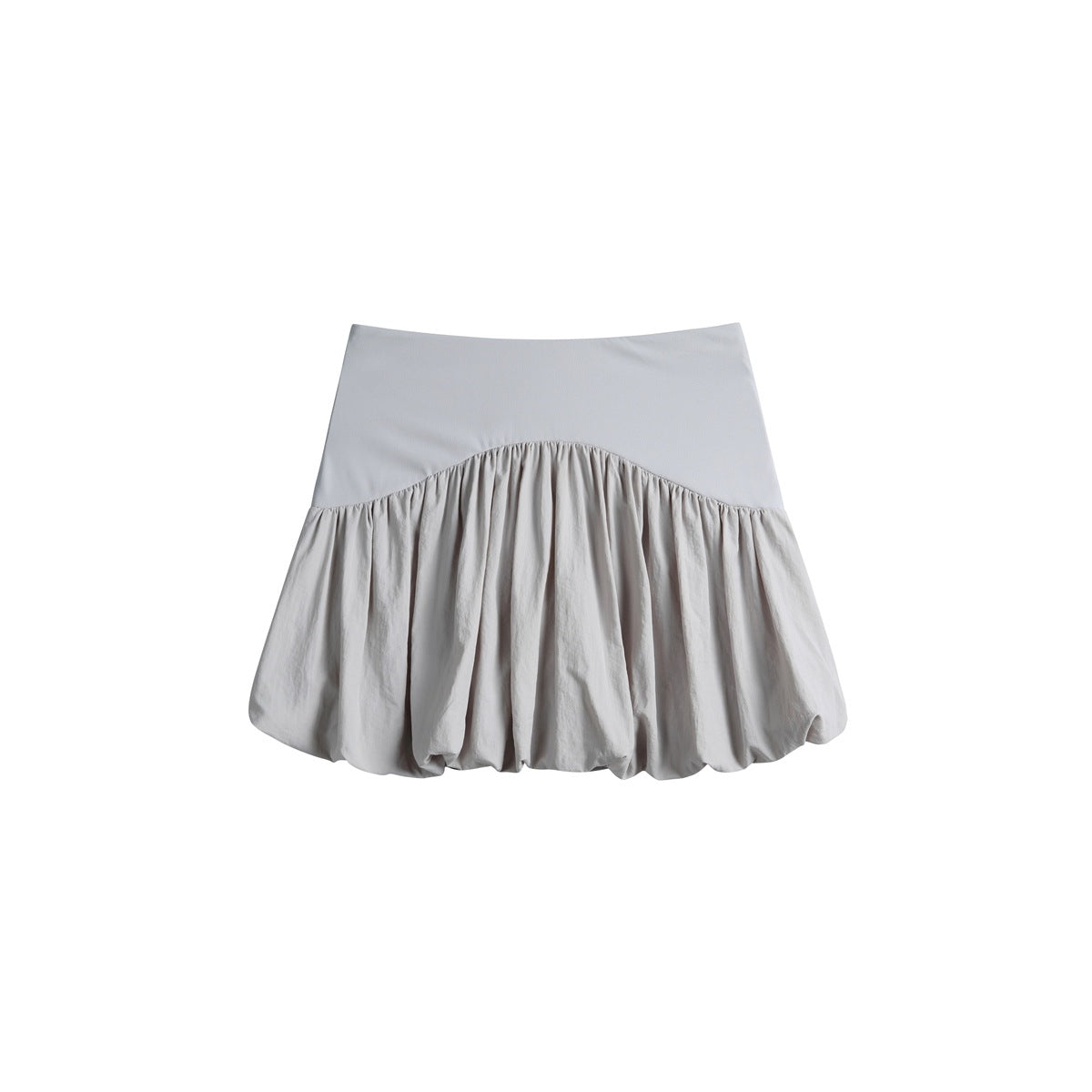 Light gray bubble mini skirt with a smooth high waistband and gathered, voluminous hem, shown against white.