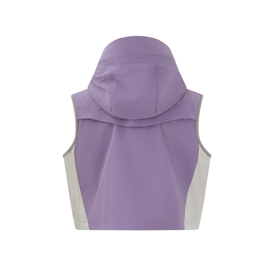 Back view of a lavender hooded vest with light gray side panels.