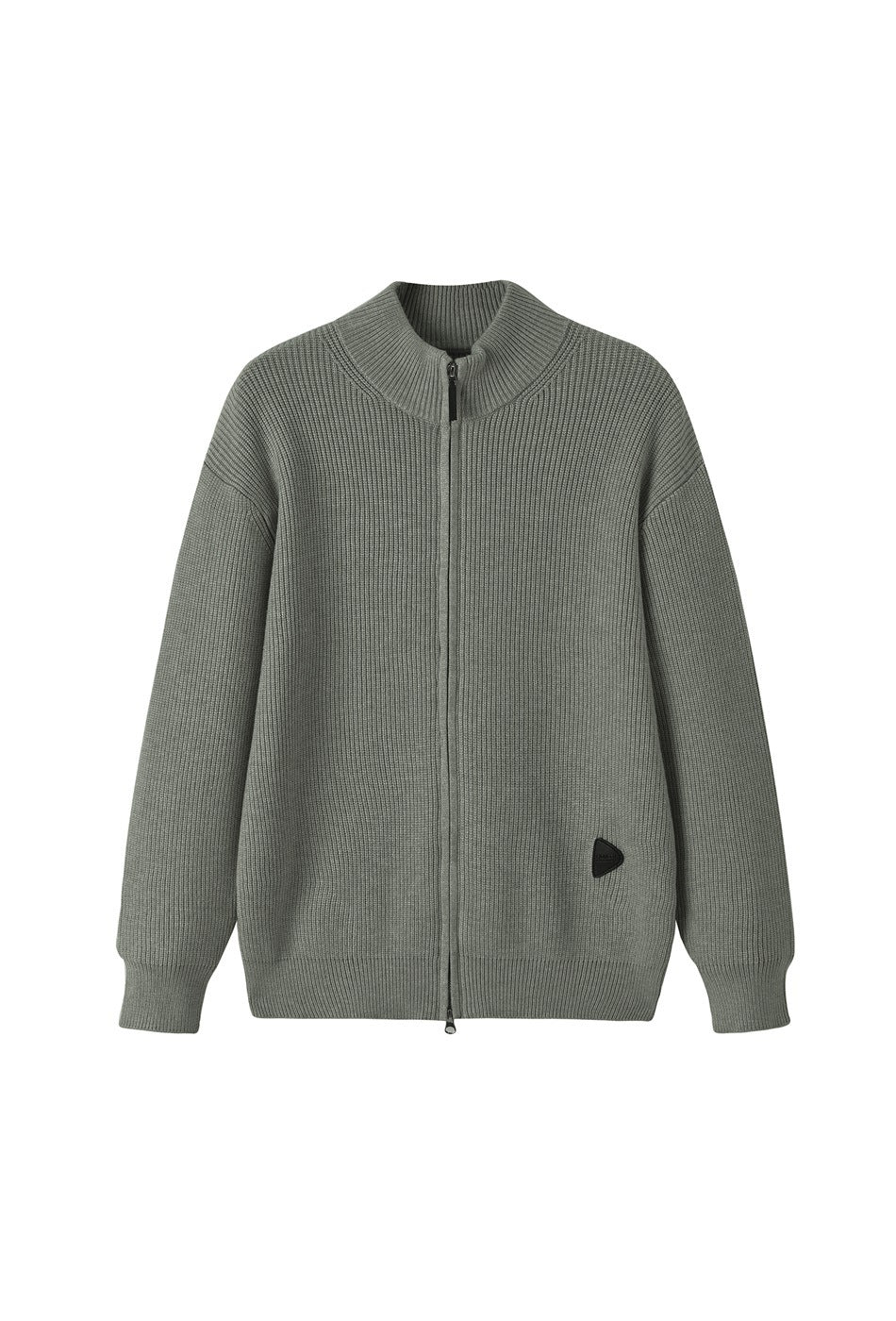 Gray-green ribbed knit zip cardigan with stand collar and small black triangular patch, front view