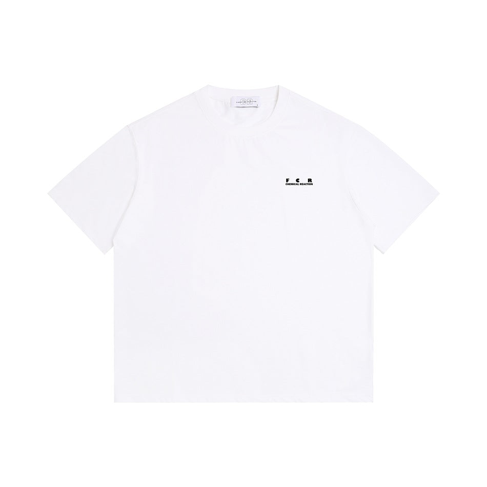 White short-sleeve crew-neck T-shirt with a small black chest logo, shown flat against white.