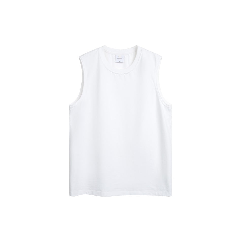 White sleeveless crewneck top displayed flat against a white background.