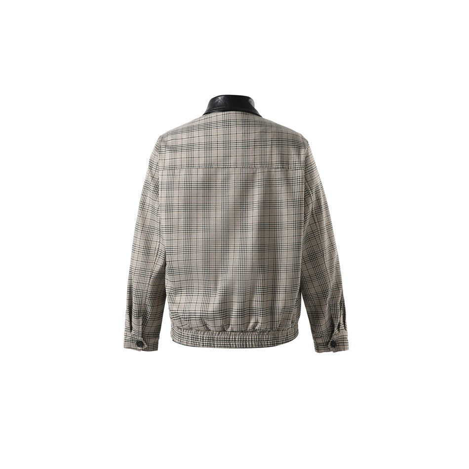 Back view of beige, black and gray plaid jacket with black collar, yoke seam, elastic hem and button cuffs