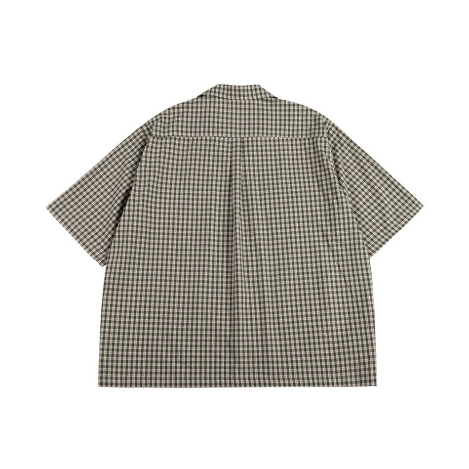 Back view of an olive-gray checked short-sleeve button-up shirt laid flat on a white background.