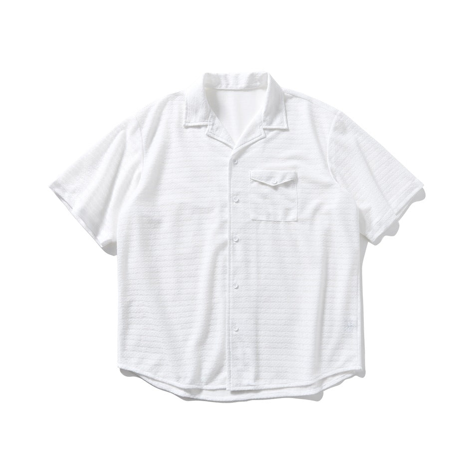 White short-sleeve camp-collar shirt with chest flap pocket and textured stripes, flat lay front view