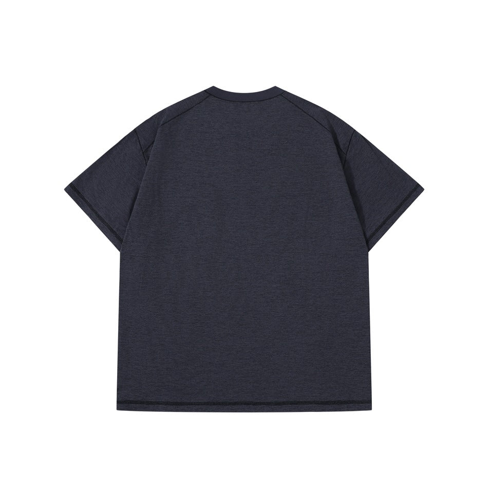Back view of a charcoal heather short-sleeve crew-neck T-shirt with raglan seams and dark stitching.