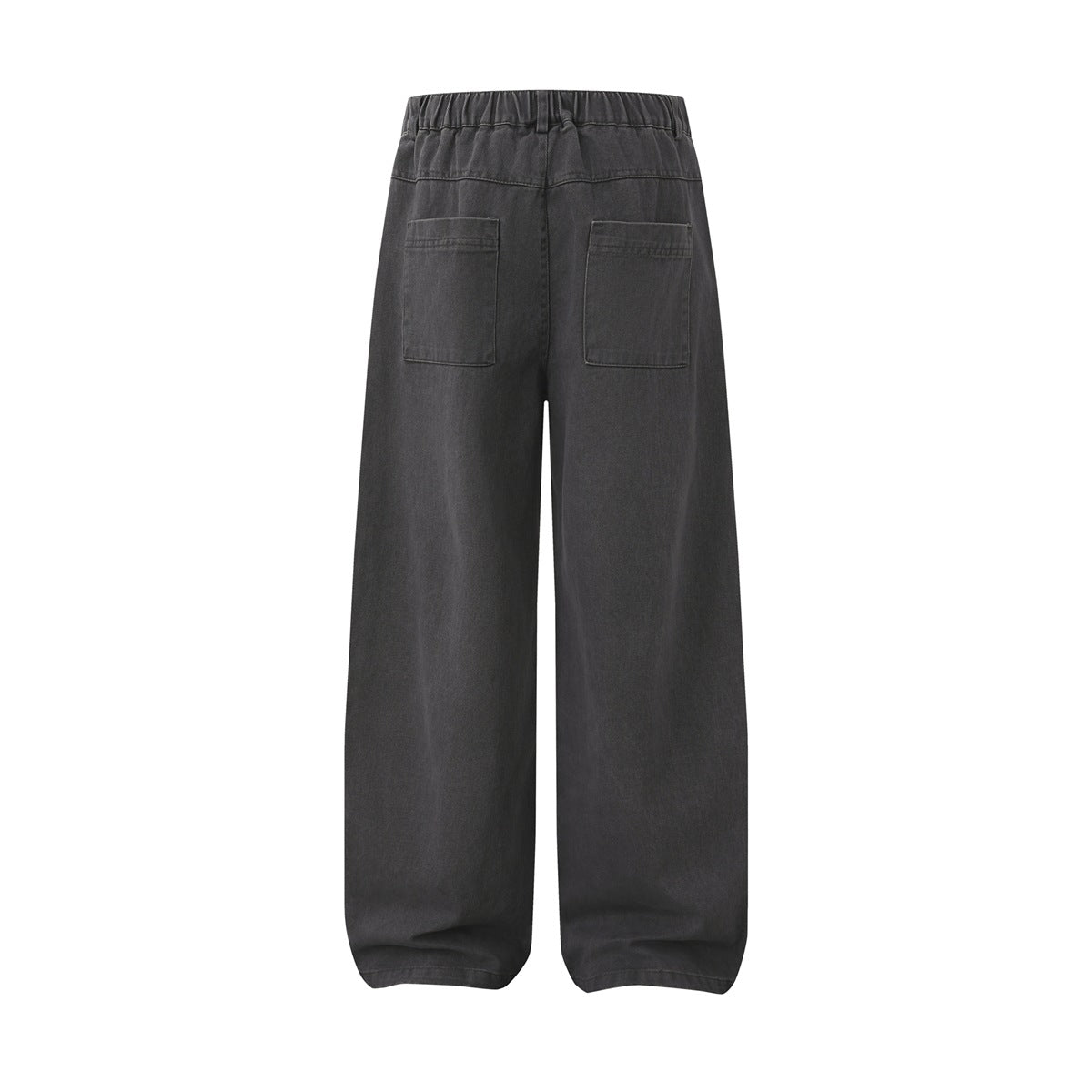 Back view of charcoal wide-leg trousers with an elastic waistband and two patch pockets.