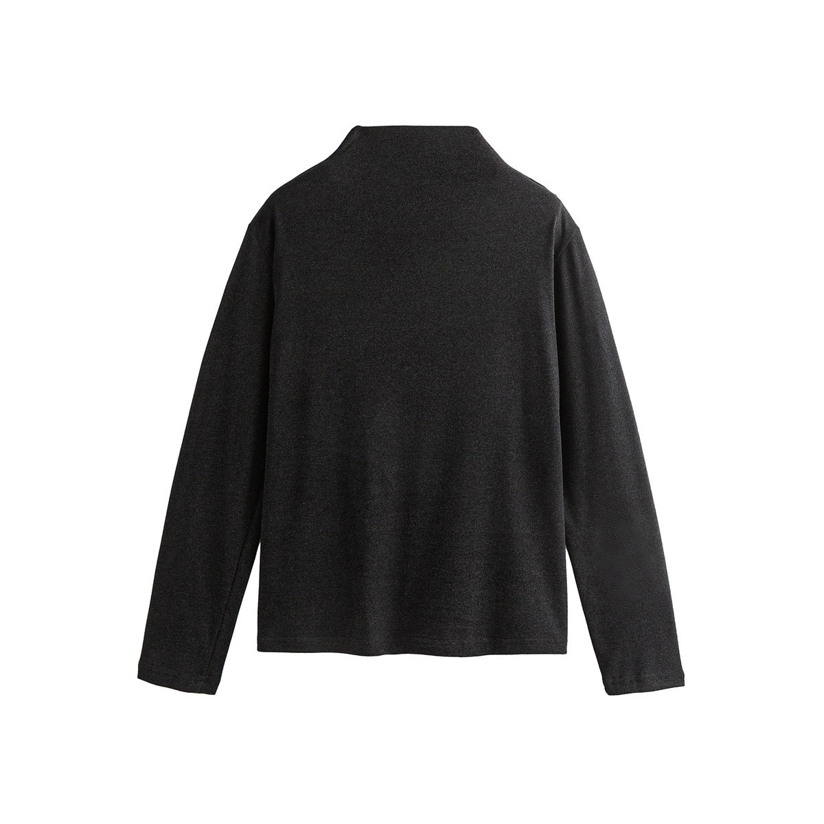Back view of a charcoal long-sleeve top with a high neckline, laid flat on white.