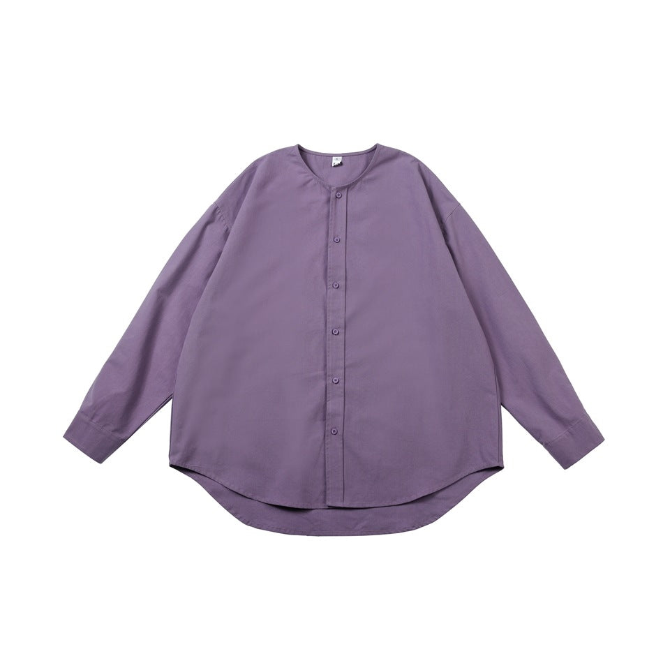 Purple long-sleeve collarless button-front shirt laid flat, front view with curved hem