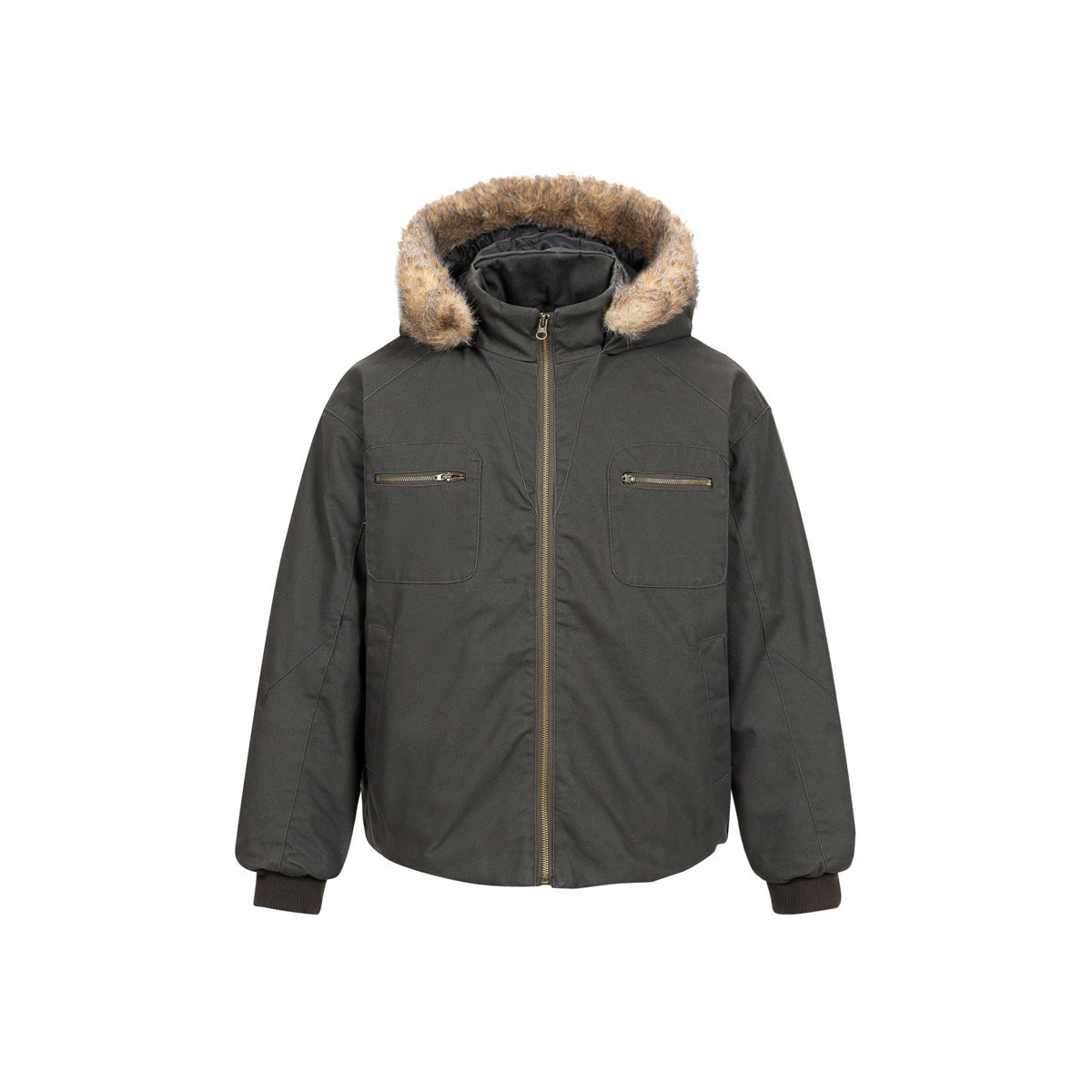 Olive green hooded zip-front jacket with faux-fur-style hood trim, two zip chest pockets and ribbed cuffs, front view