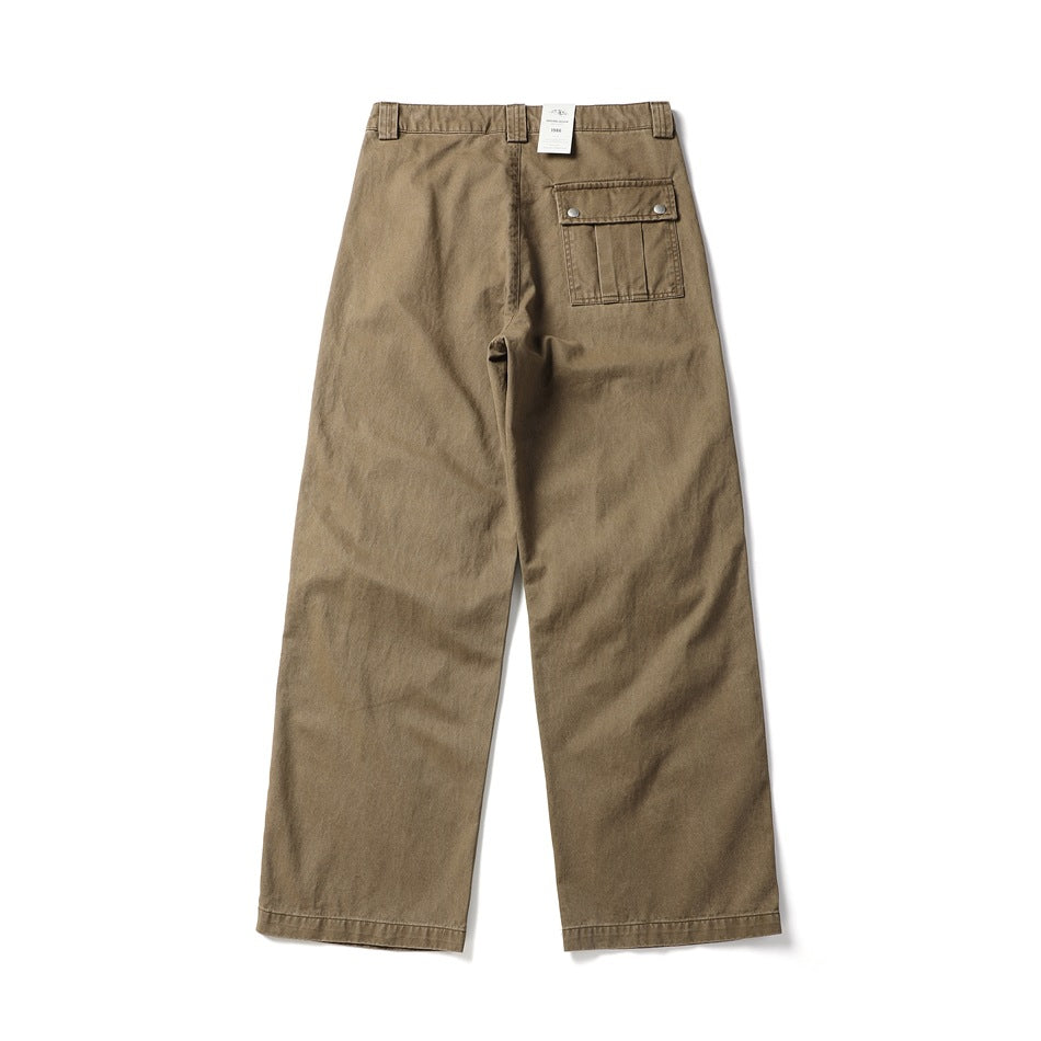 Back view of khaki-brown wide-leg pants with belt loops and a button-flap utility pocket.
