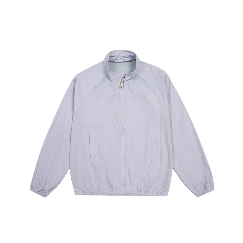 Light purple-gray zip-up stand-collar jacket with gray-blue shoulder trim, flat front view