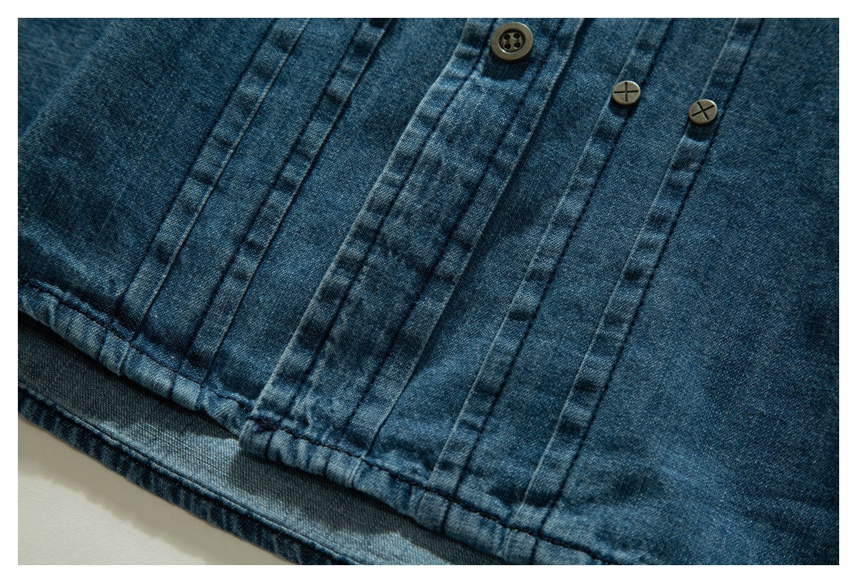 Close-up of blue denim with vertical stitched panels, a button placket, and the garment's hem.
