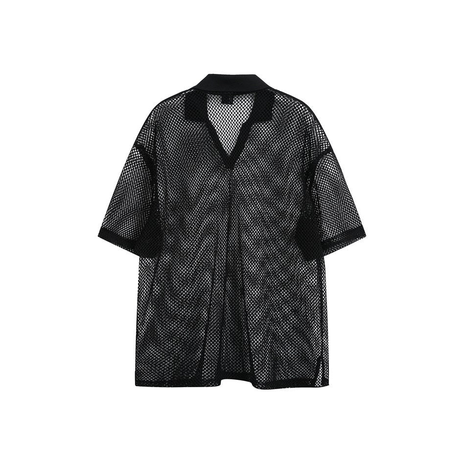 Back view of black open-mesh short-sleeve shirt with knit V-neck collar and plain back