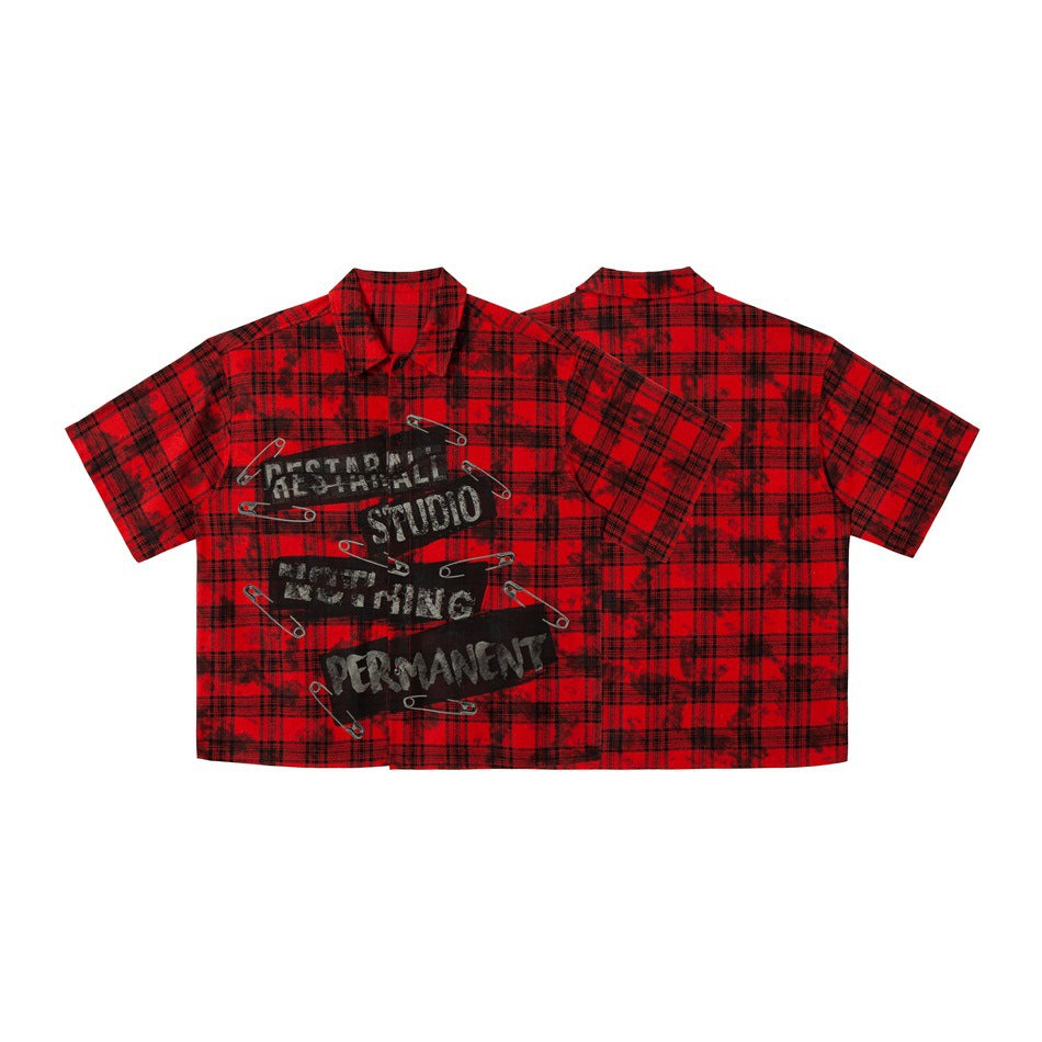 Red and black plaid short-sleeve shirt shown front and back side by side on a white background