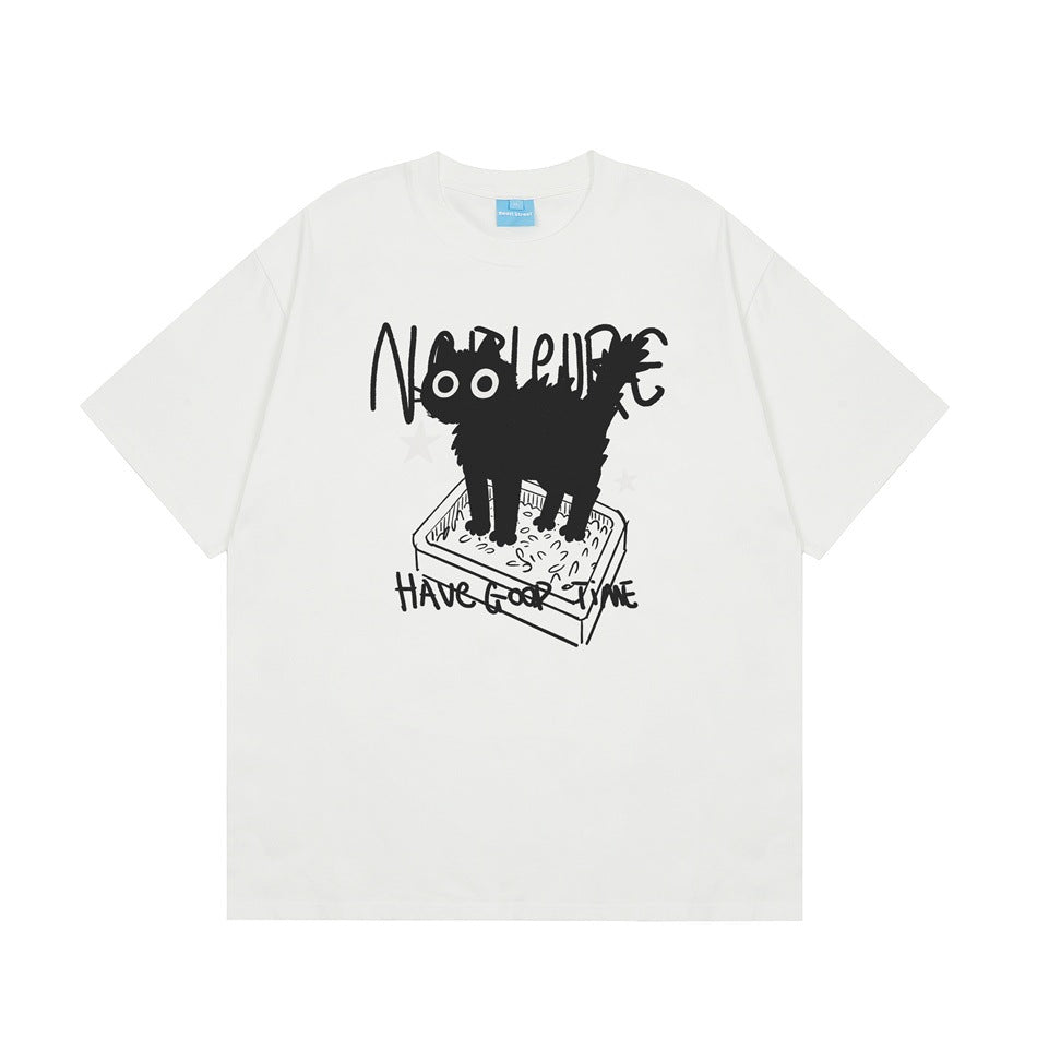 White short-sleeve crew-neck T-shirt with black cat in litter box graphic and handwritten lettering, front view