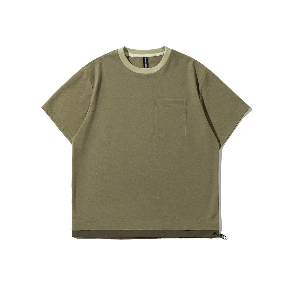 Khaki green short-sleeve T-shirt front with light green collar, chest pocket and layered hem with drawcord toggle