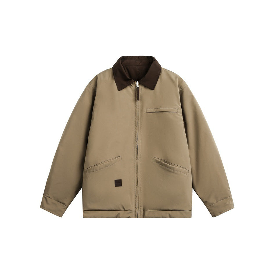 Khaki zip-front jacket with brown collar, angled front pockets and chest welt pocket on a white background