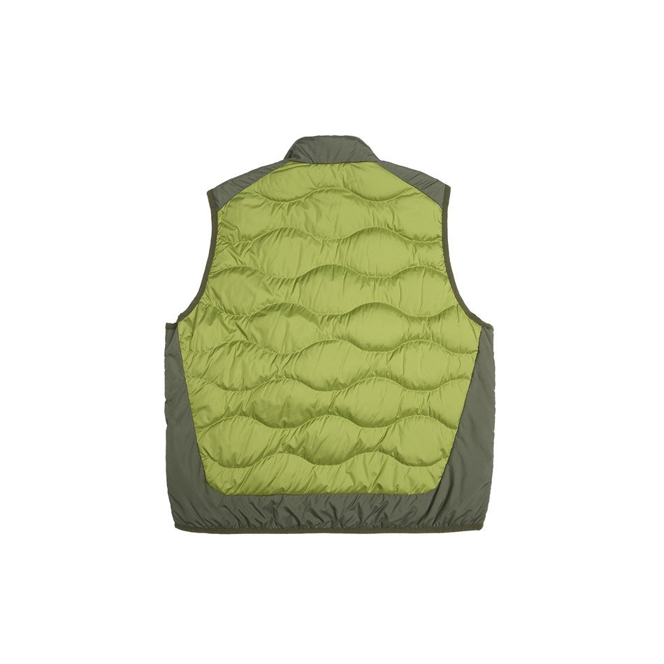 Back of a sleeveless quilted vest with a lime-green wavy-stitched panel and olive-gray sides and trim.