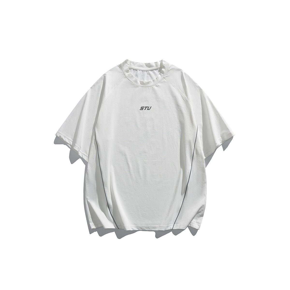 White short-sleeve raglan crew-neck T-shirt with small gray STU print and gray side piping, flat lay