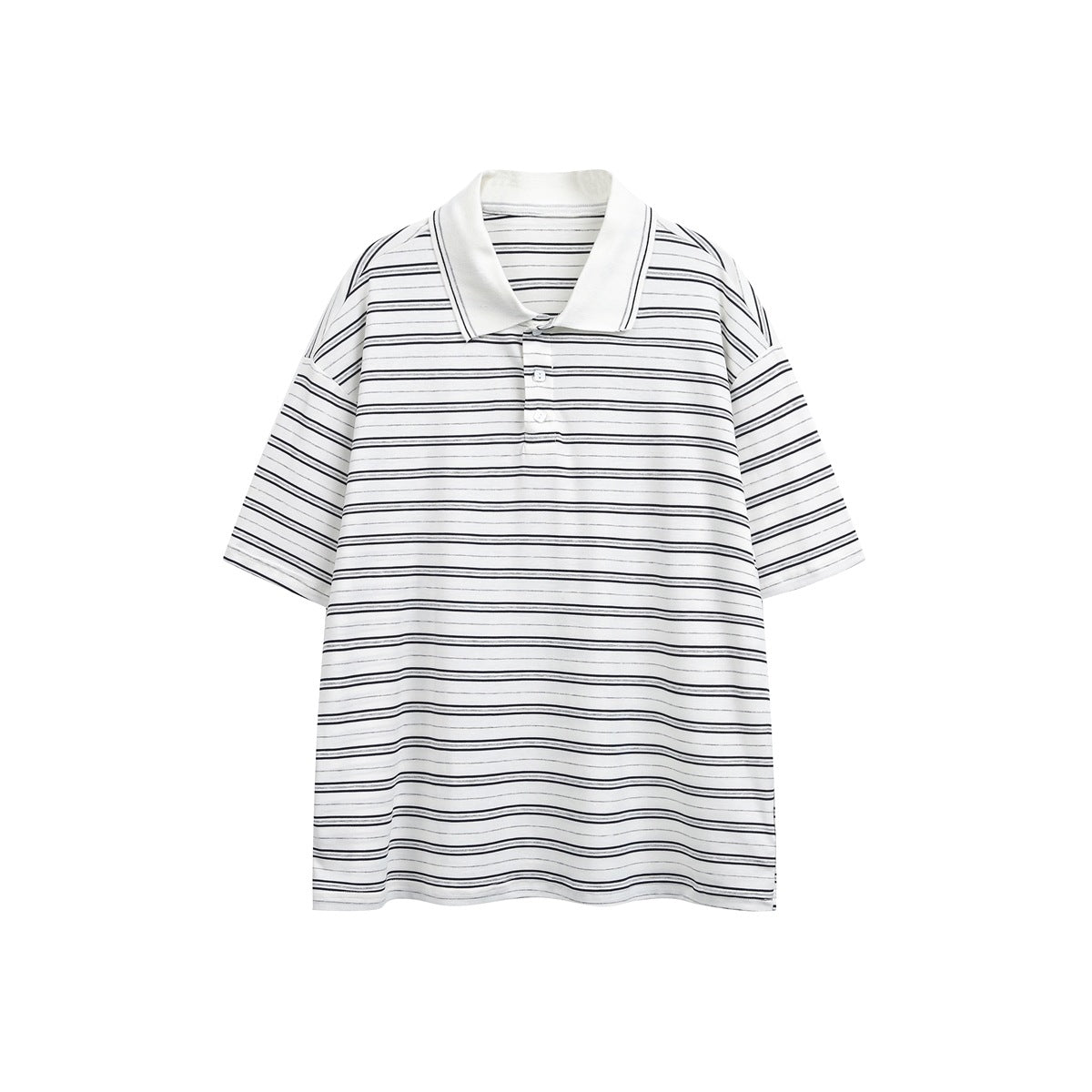 White short-sleeve polo top with dark navy and gray horizontal stripes, white collar and three buttons, flat lay front