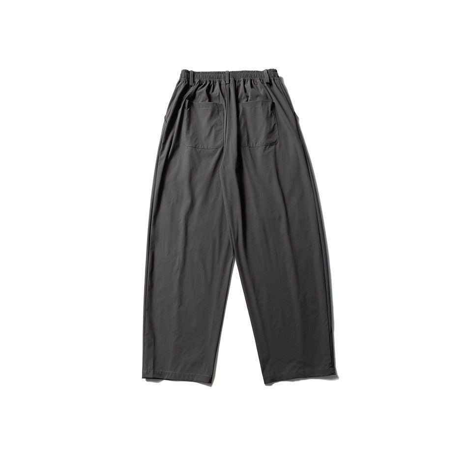 Gray wide-leg pants back view with elastic waistband and two patch pockets