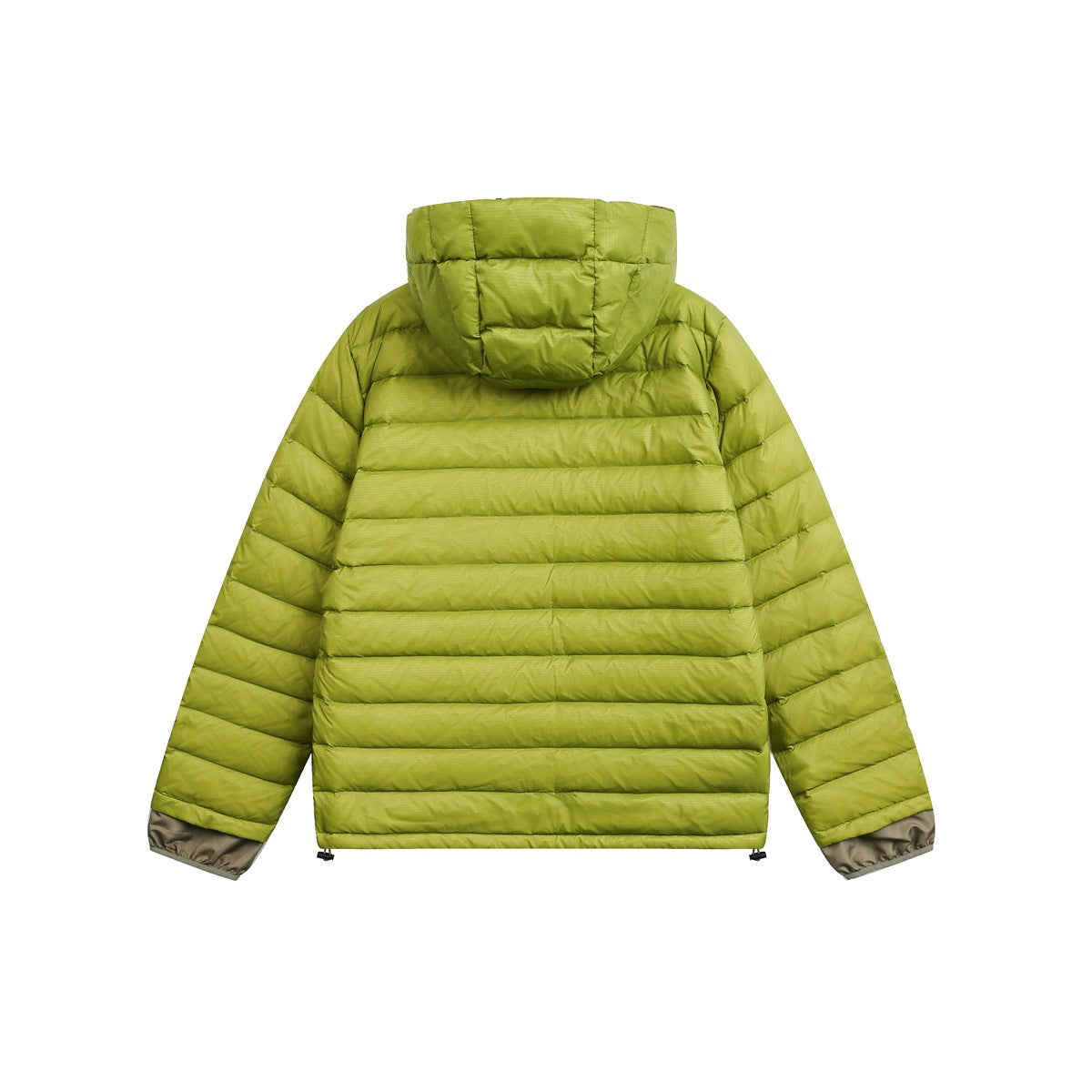 Back view of an olive green hooded puffer jacket with horizontal quilting and gray cuffs.