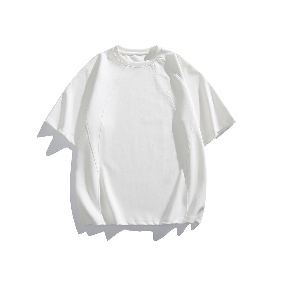 White short-sleeve raglan crew neck T-shirt, front flat view with curved seam lines