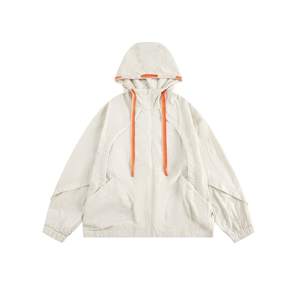 Off-white hooded zip jacket with orange drawcords, curved seam panels and large front pockets, front view