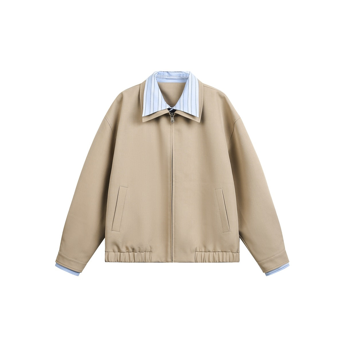 Khaki zip jacket with light blue striped faux-layered collar and cuffs, flat lay front view