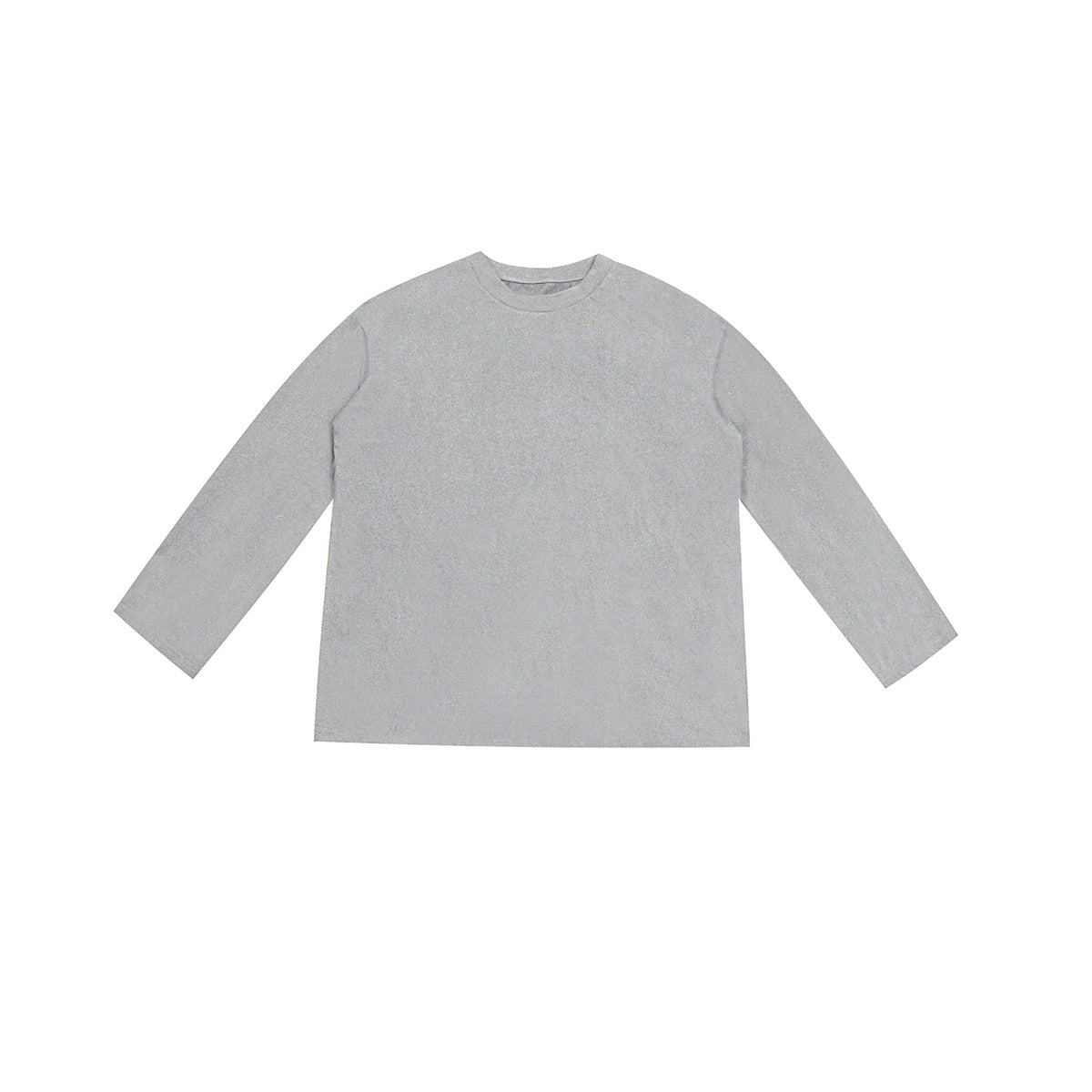 Gray long-sleeve crew-neck top laid flat, front view with a fine speckled texture