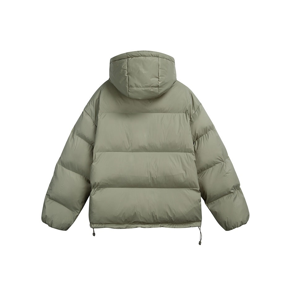Back view of a sage green hooded puffer jacket with horizontal quilting and adjustable hem toggles.