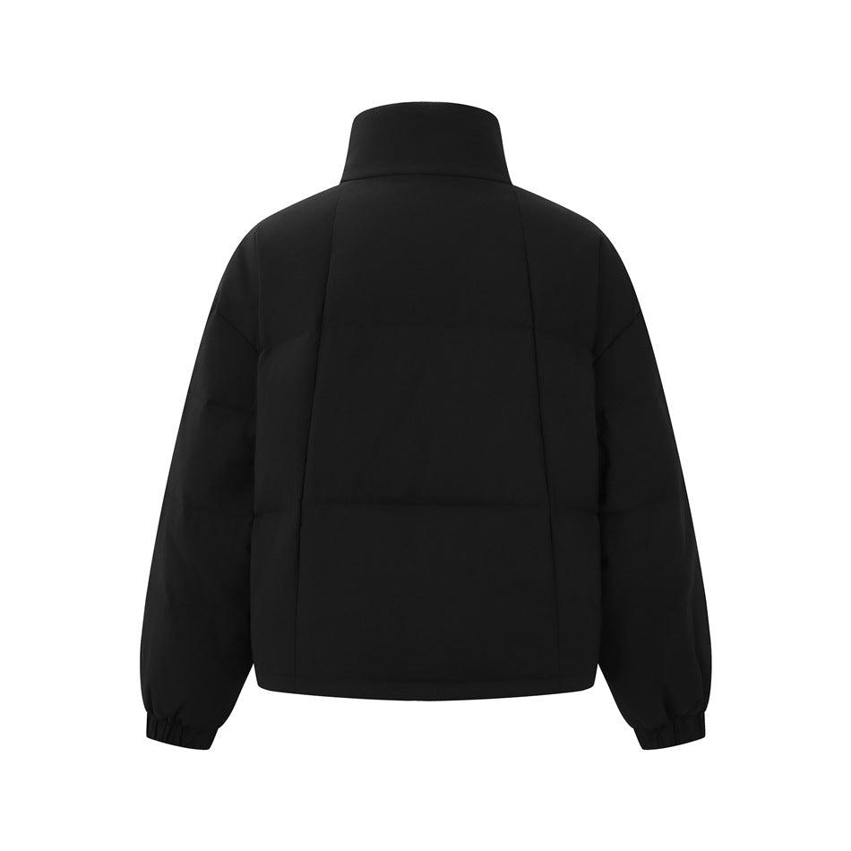 Back view of a black padded jacket with a tall collar, panel seams, and elastic cuffs.