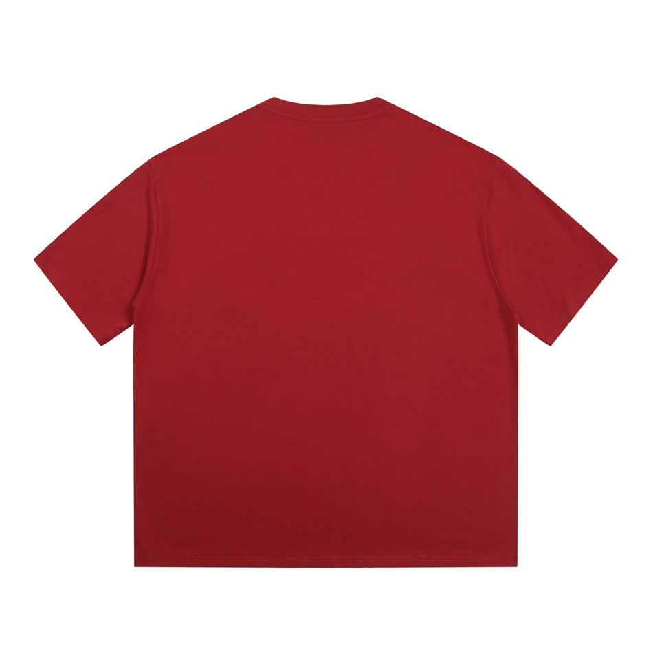 Back view of a plain red short-sleeve crew-neck T-shirt laid flat.