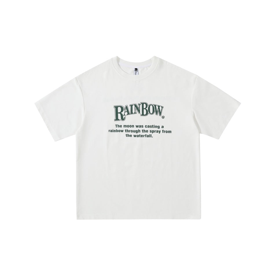 Off-white short-sleeve crew-neck T-shirt with dark green RAINBOW chest print and slogan text, flat front view