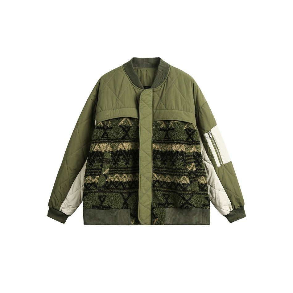 Olive green quilted bomber jacket with patterned fleece-like lower panel, cream sleeve panels and ribbed trim