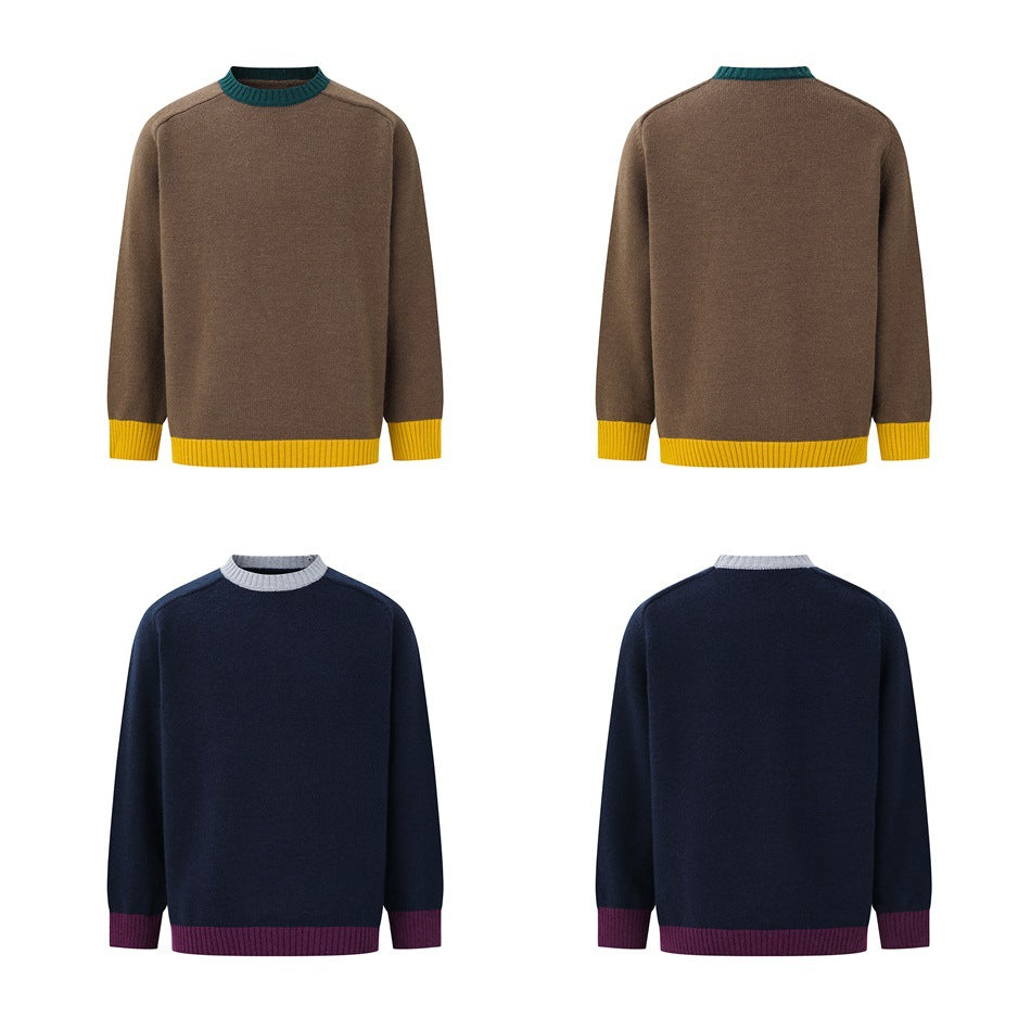 Front and back flat views of brown and navy color-block crew-neck sweaters with contrast collars and hems
