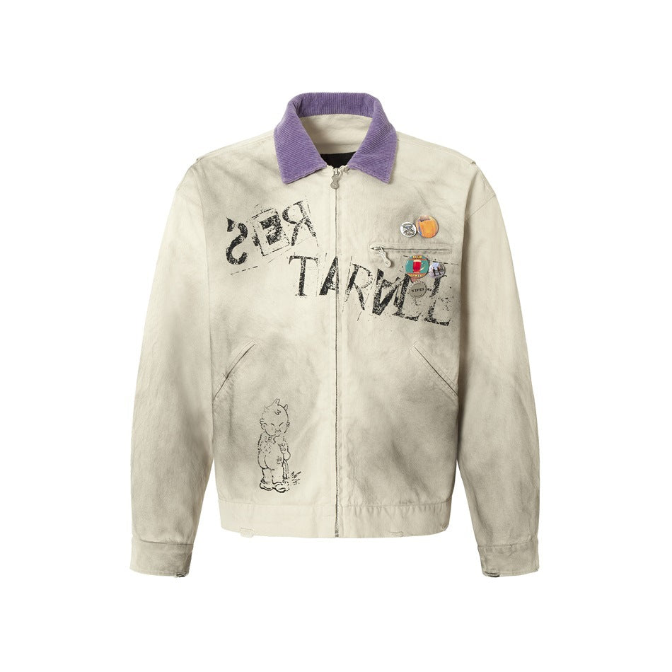 Off-white washed zip jacket with purple corduroy collar, front graffiti print, chest badges and distressed hem