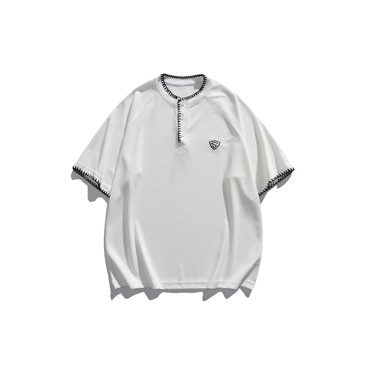White short-sleeve Henley T-shirt with black whipstitch trim and a small chest emblem, flat lay front view