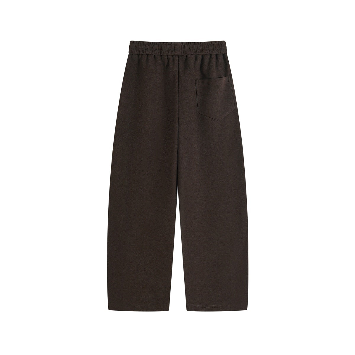 Back view of dark brown wide-leg trousers with an elastic waistband and single rear pocket.