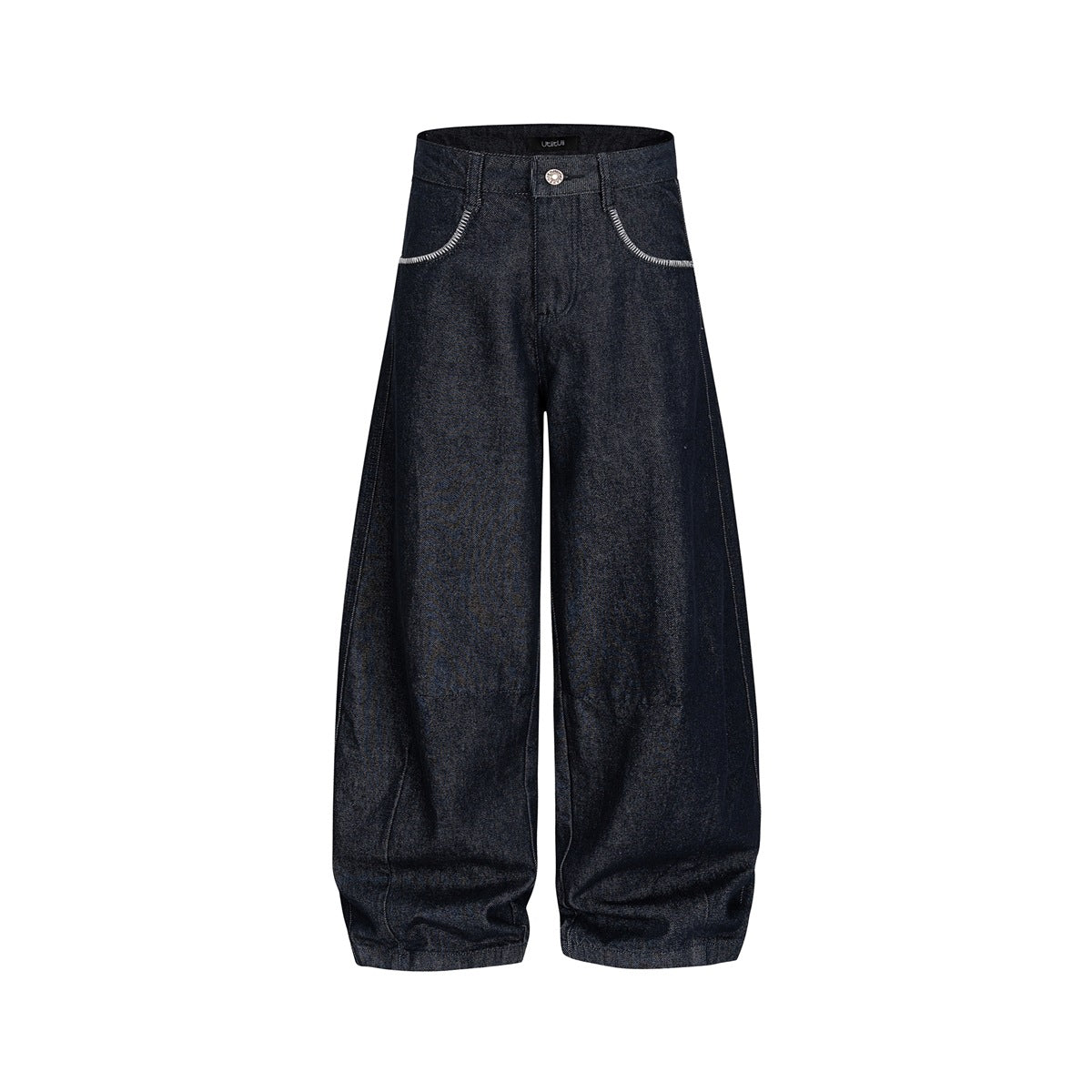 Front view of dark indigo wide-leg jeans with curved white-stitched pockets and gathered hems.