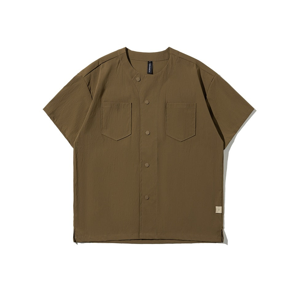 Khaki short-sleeve collarless snap-button shirt with two chest pockets, front flat lay