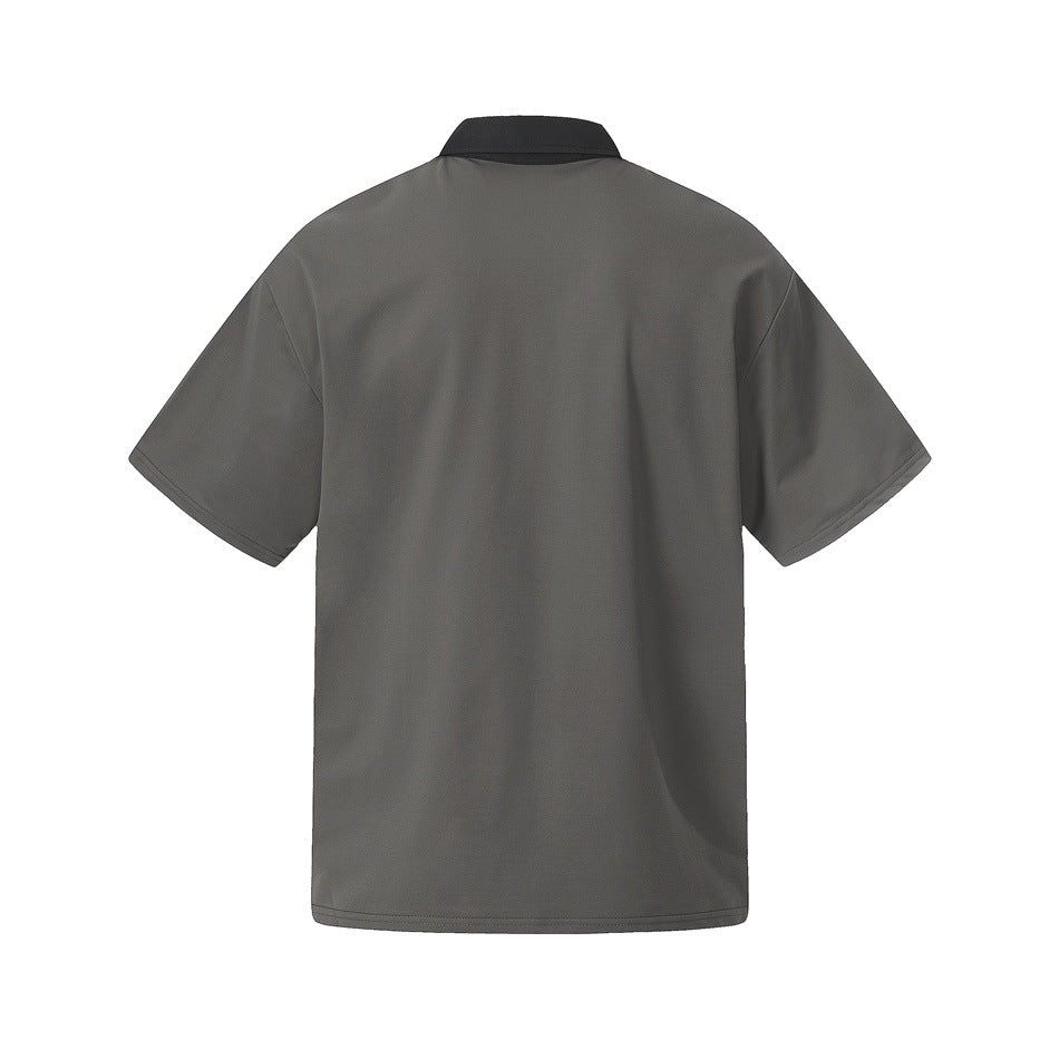 Back view of a dark gray short-sleeve polo with a matching dark collar.
