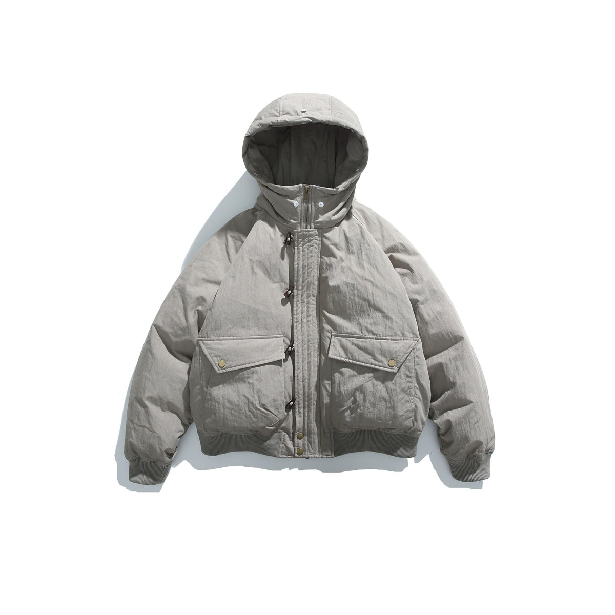 Front view of a light gray hooded jacket with toggle closures, two flap pockets, and ribbed cuffs and hem.